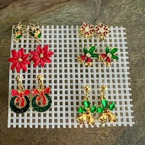 Set of six vintage christmas themed green gold and red holiday post earrings